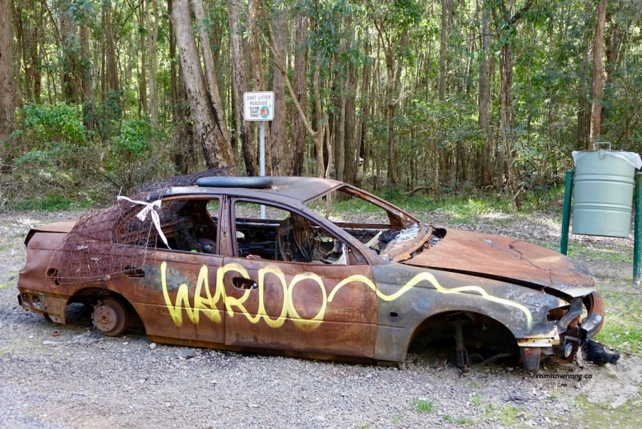 a wrecked car in front of a sign that says do not litter